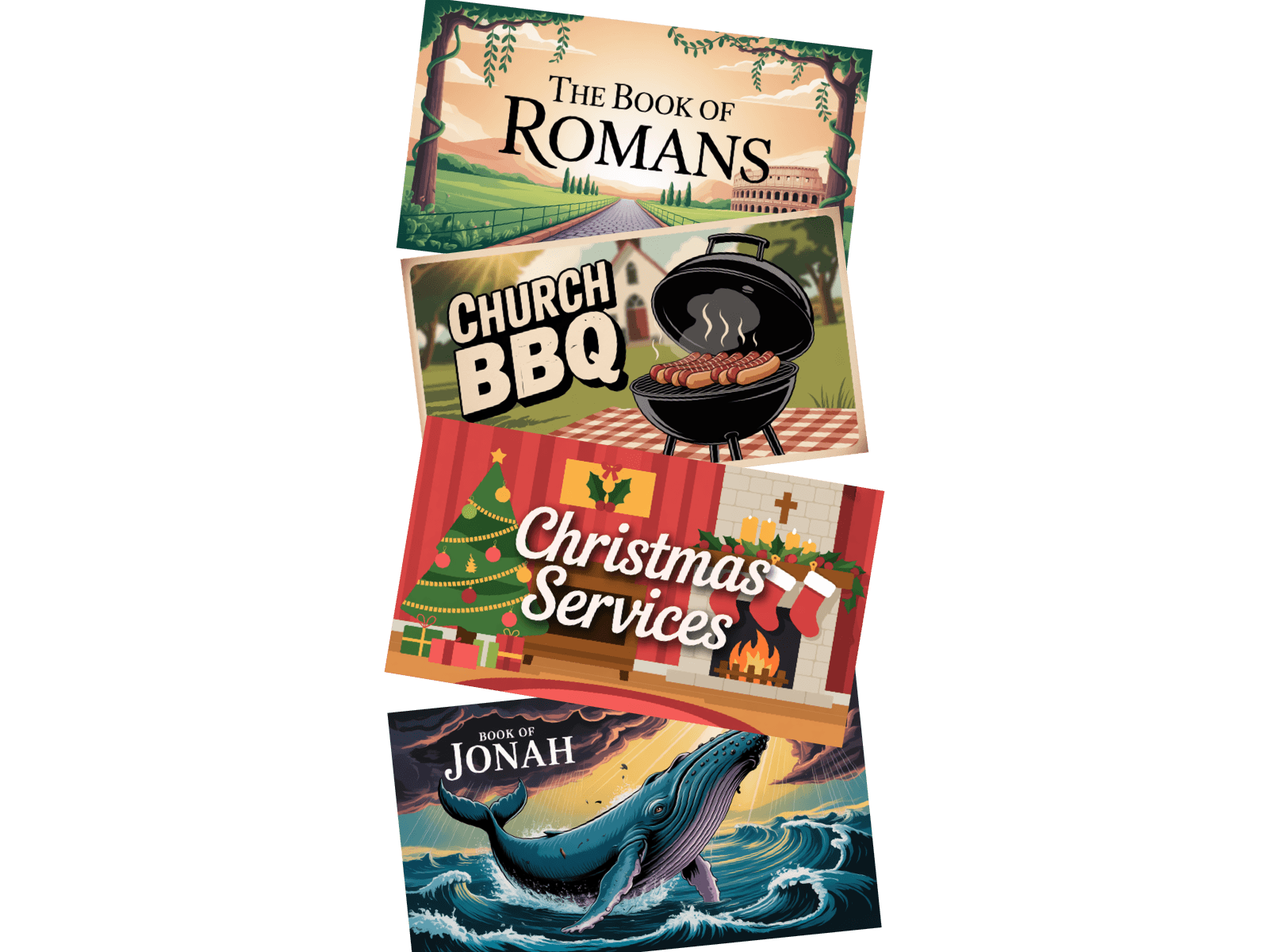 Custom sermon graphics showcase including Romans series, Church BBQ event, Christmas Services, and Jonah series graphics