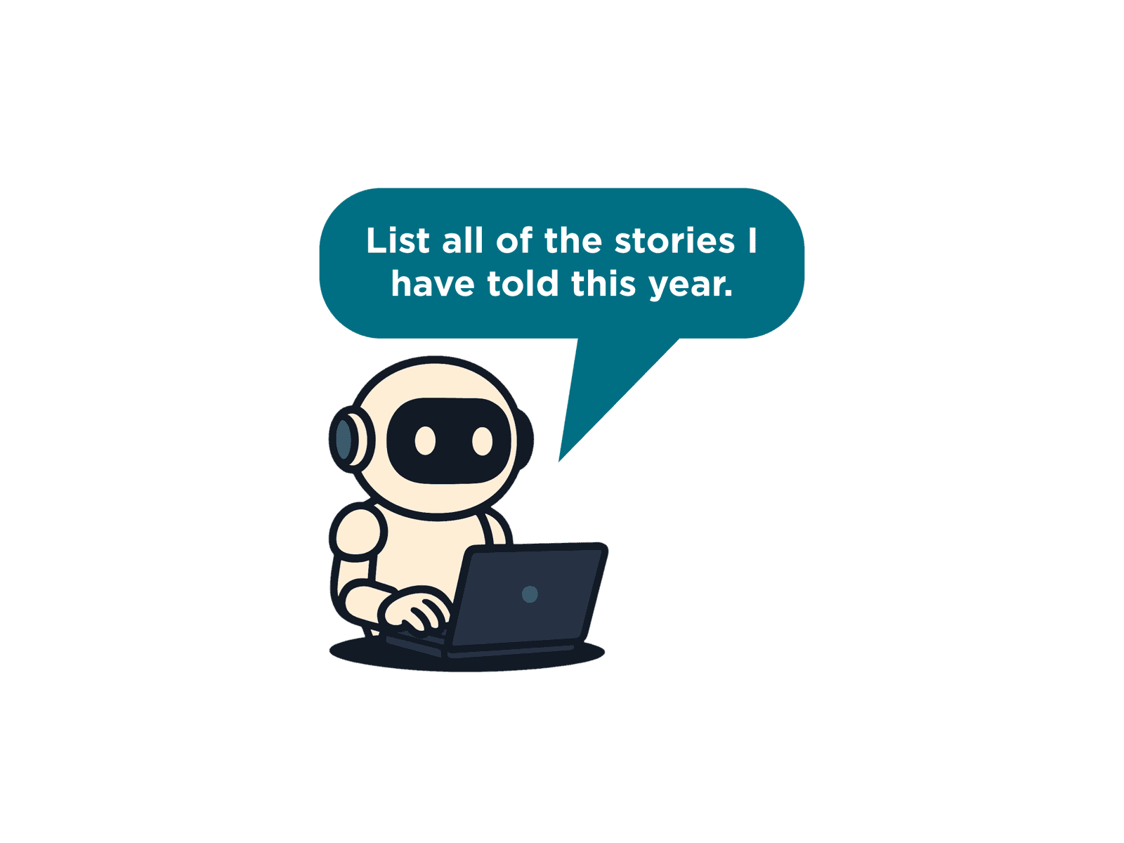 AI assistant with speech bubble asking 'List all of the stories I have told this year' - demonstrating My Library's conversational interface